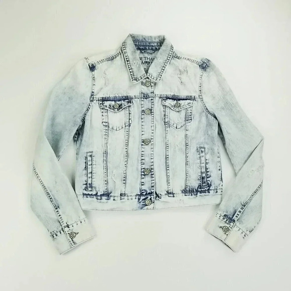Bethany Mota XL Juniors Factory Distressed Acid Wash Cropped Cotton Denim Jacket - Picture 1 of 7